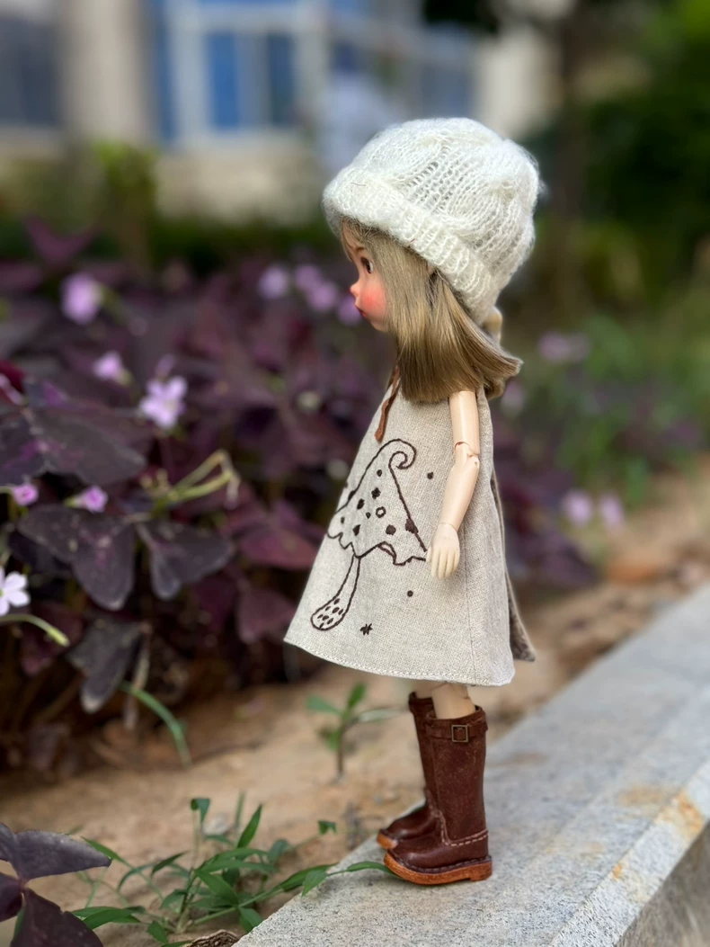 Vintage Blythe Doll Outfit: Mushroom Embroidered Dress, Beanie & Boots - Rustic Fairy Tale Handmade Collectible - Image 4