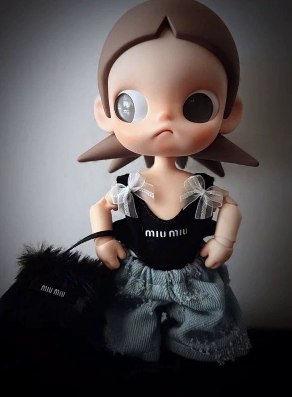 Chic Black Miumiu Top & Denim Overalls Outfit for BJD Dolls - Fashion-Forward 1/8 Scale Doll Clothes - Image 1