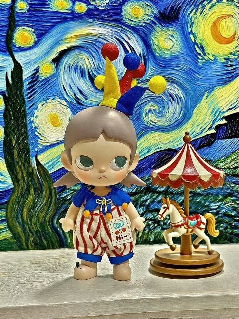 Whimsical Circus-Themed Zsiga BJD 1/8 Doll Outfit - Vibrant Striped Jumpsuit with Pom-Pom Headpiece & Adjustable Straps for Collectors - Image 1