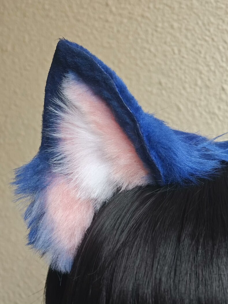 Handmade Blue Faux Fur Dog Ears – Pink & White Detail - Image 1