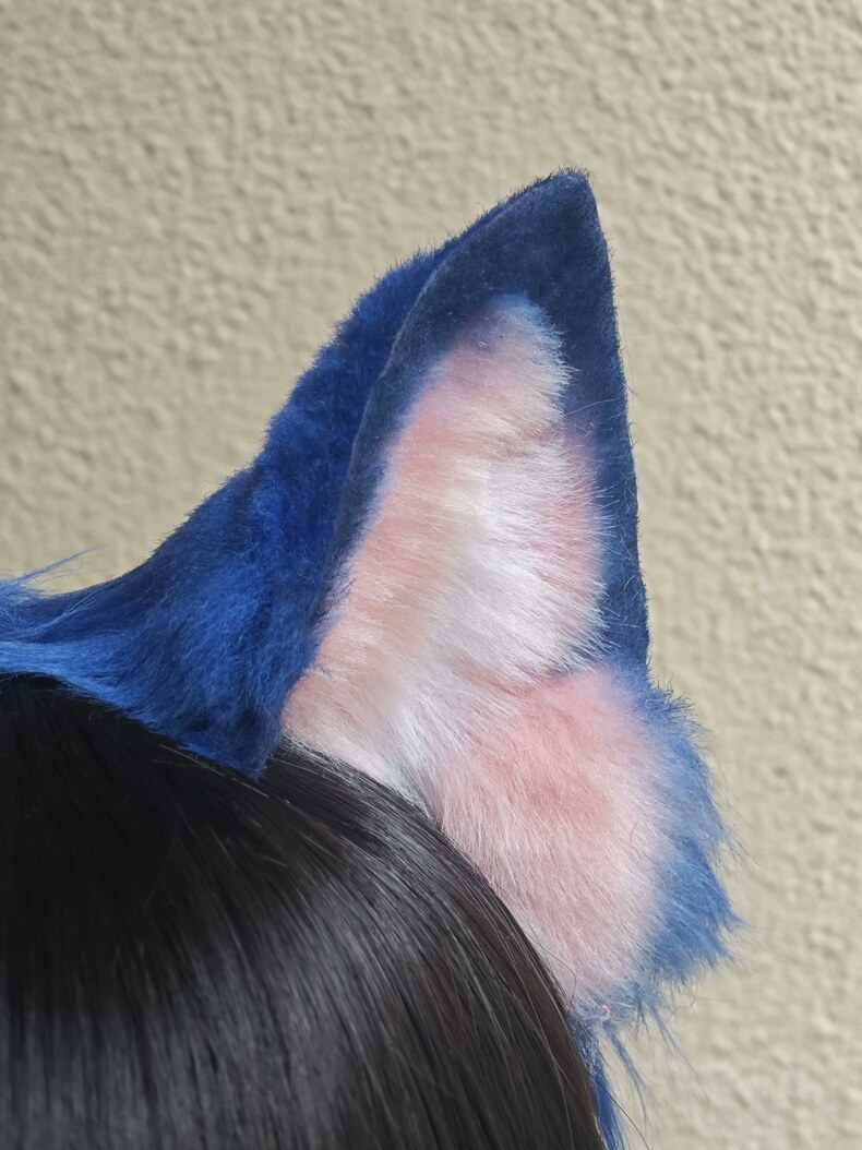 Handmade Blue Faux Fur Dog Ears – Pink & White Detail - Image 2