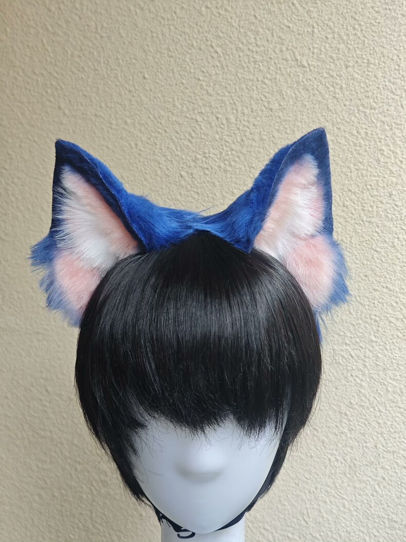 Handmade Blue Faux Fur Dog Ears – Pink & White Detail - Image 3