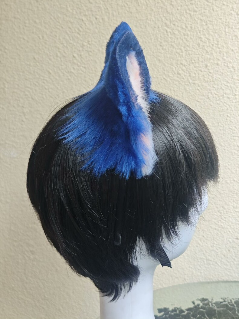Handmade Blue Faux Fur Dog Ears – Pink & White Detail - Image 4