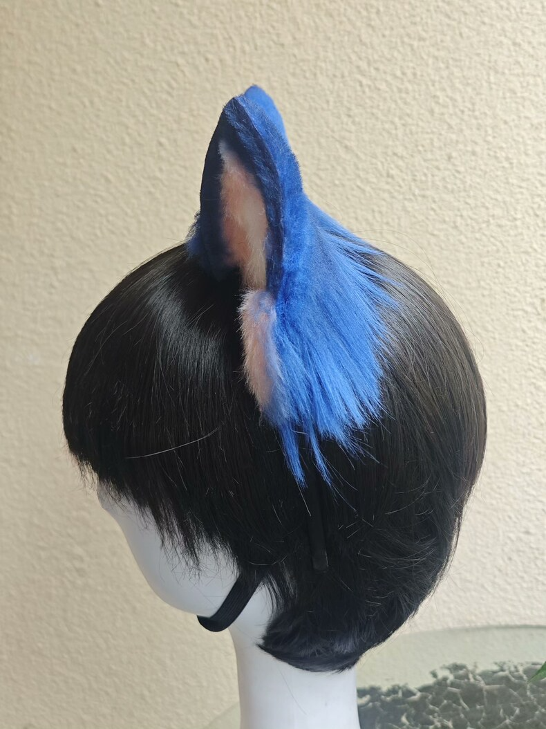 Handmade Blue Faux Fur Dog Ears – Pink & White Detail - Image 6