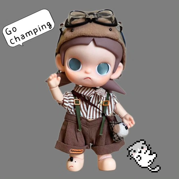 Zsiga BJD 1/8 Doll Adventure-Ready Camping Outfit Set: Hat, Striped Shirt, Suspenders, Bag & Glasses - Image 1