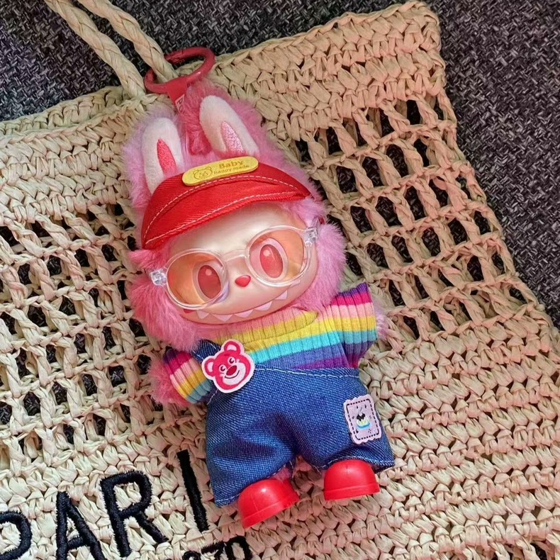 Vibrant LABUBU Rainbow Outfit: Plush Sweater, Denim Overalls & Accessories for Collectible Dolls - Image 1