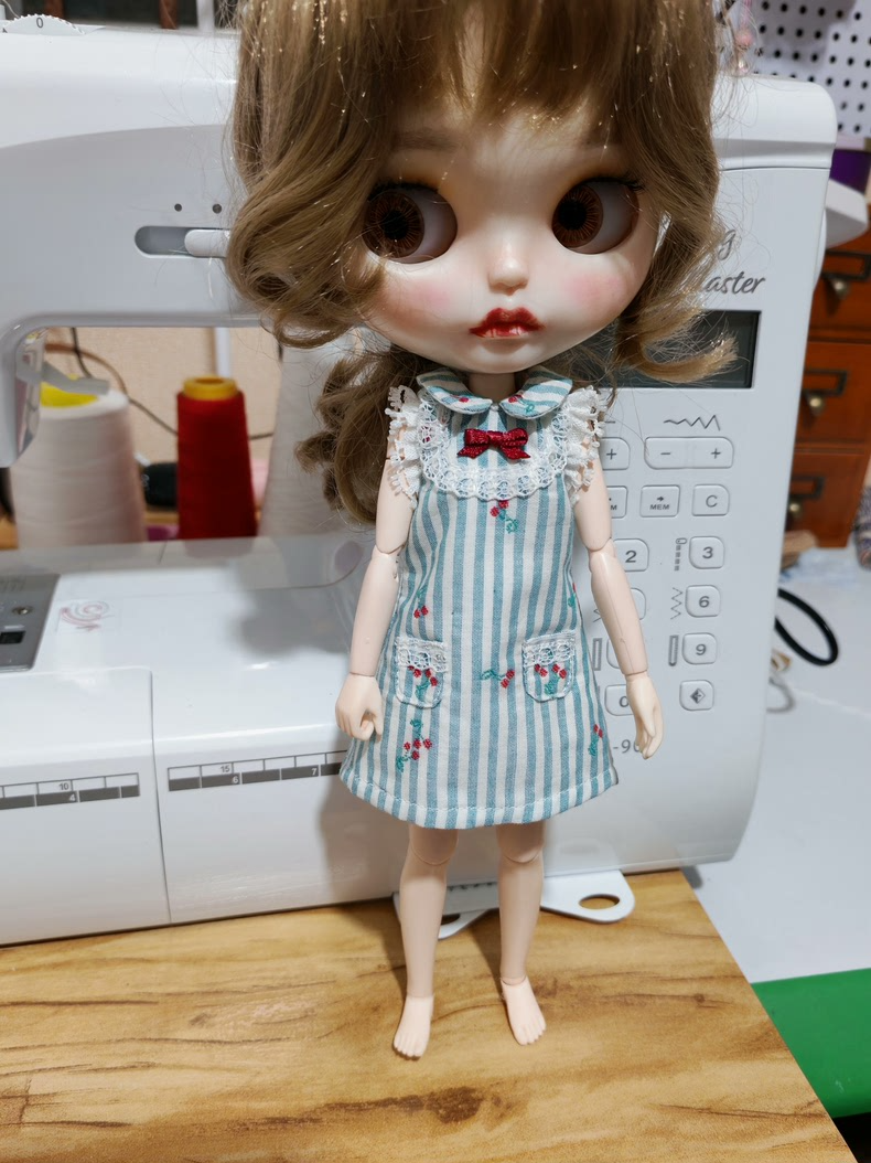 Charming Blythe Doll Dress Blue Stripes Lace Cherry Embroidery Red Bow Princess Outfit with Pockets - Image 1
