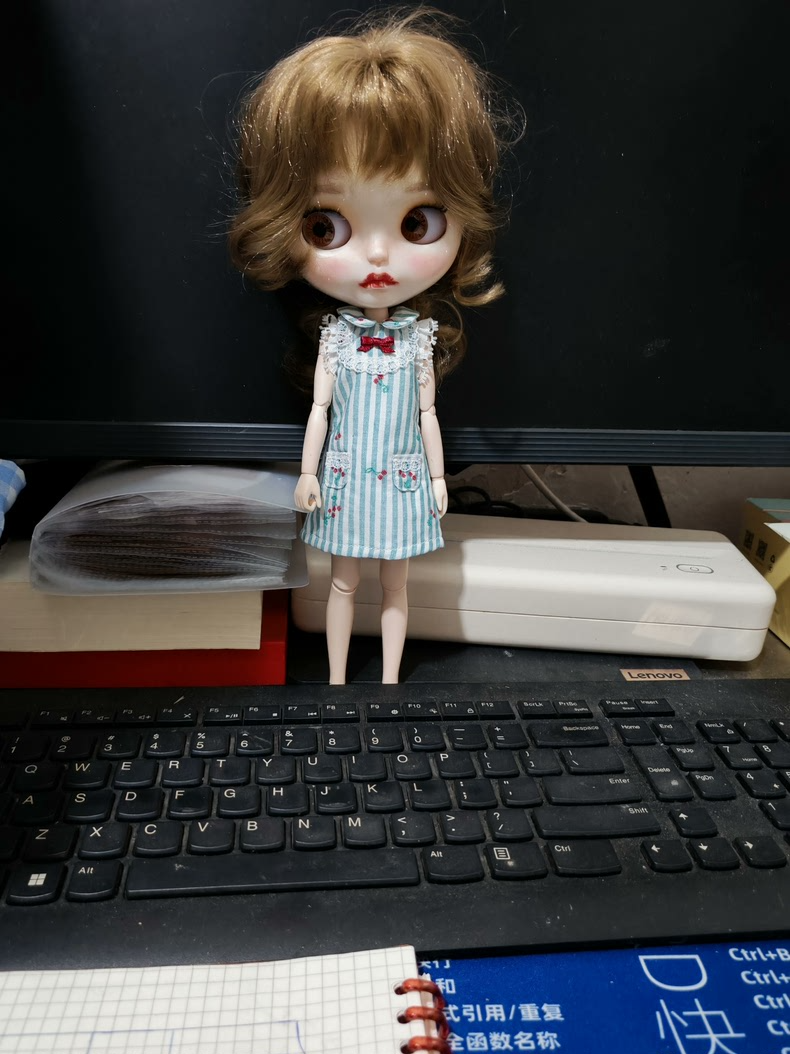 Charming Blythe Doll Dress Blue Stripes Lace Cherry Embroidery Red Bow Princess Outfit with Pockets - Image 2
