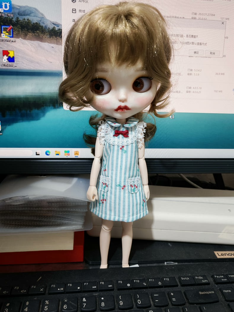 Charming Blythe Doll Dress Blue Stripes Lace Cherry Embroidery Red Bow Princess Outfit with Pockets - Image 3