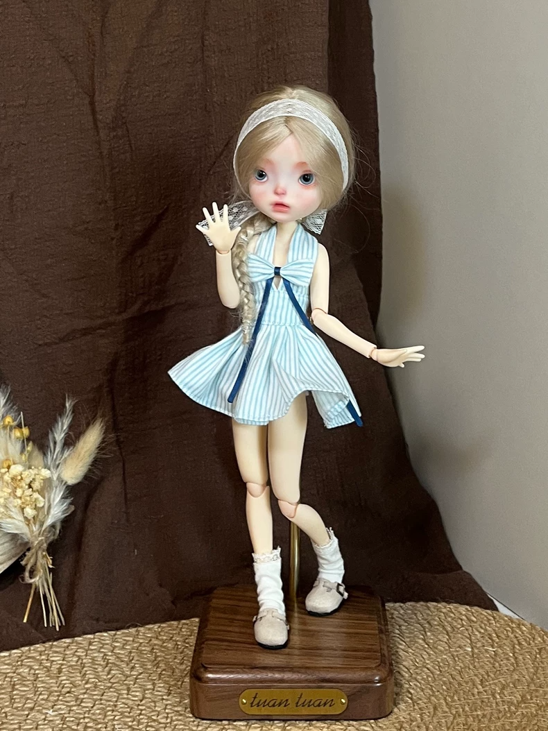 Handmade Blythe Doll Outfit Blue Striped Cotton Dress & Lace Headscarf for OB22 OB24 - Two Sizes - Image 1