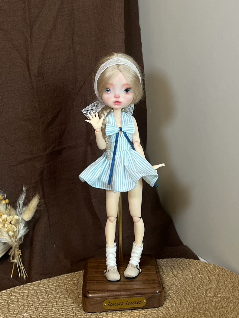 Handmade Blythe Doll Outfit Blue Striped Cotton Dress & Lace Headscarf for OB22 OB24 - Two Sizes - Image 2