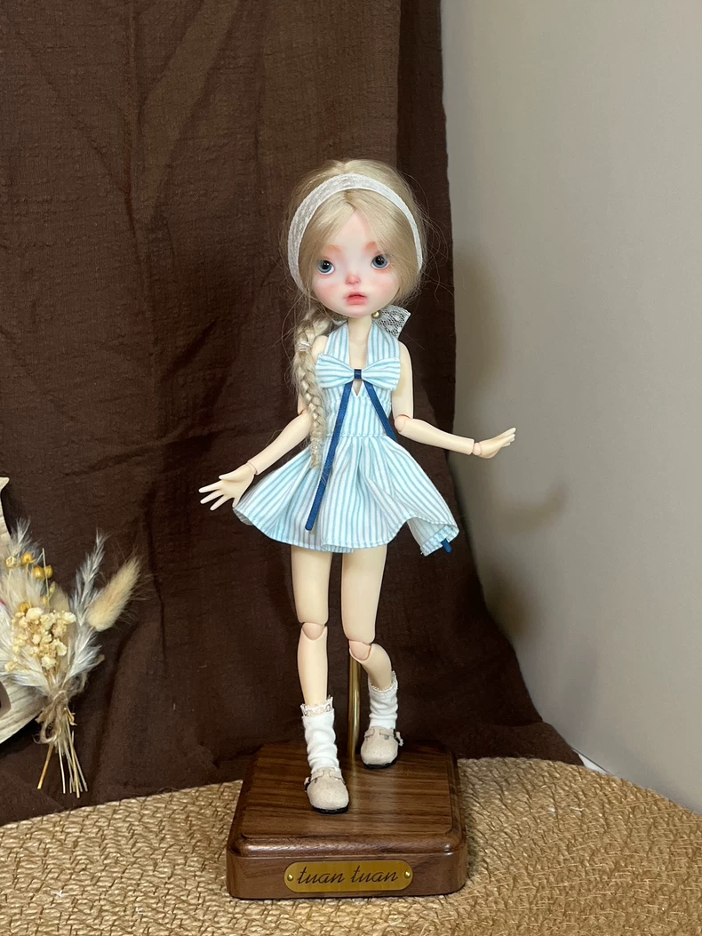 Handmade Blythe Doll Outfit Blue Striped Cotton Dress & Lace Headscarf for OB22 OB24 - Two Sizes - Image 3