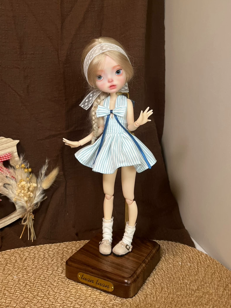 Handmade Blythe Doll Outfit Blue Striped Cotton Dress & Lace Headscarf for OB22 OB24 - Two Sizes - Image 4