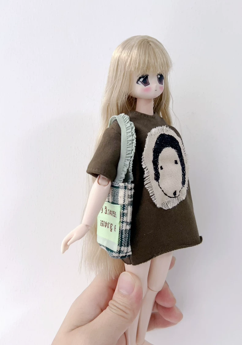 Charming BLYTHE Doll Outfit Set: Earth Tone Embroidered T-Shirt & Plaid Bag for ob22 ob24 Azone Dolls - Image 1