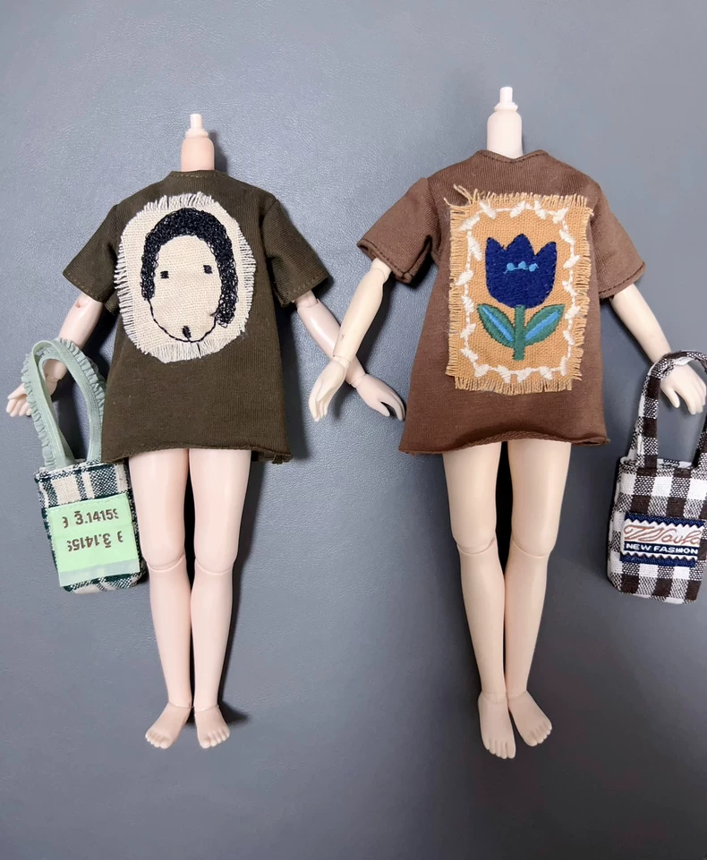 Charming BLYTHE Doll Outfit Set: Earth Tone Embroidered T-Shirt & Plaid Bag for ob22 ob24 Azone Dolls - Image 4