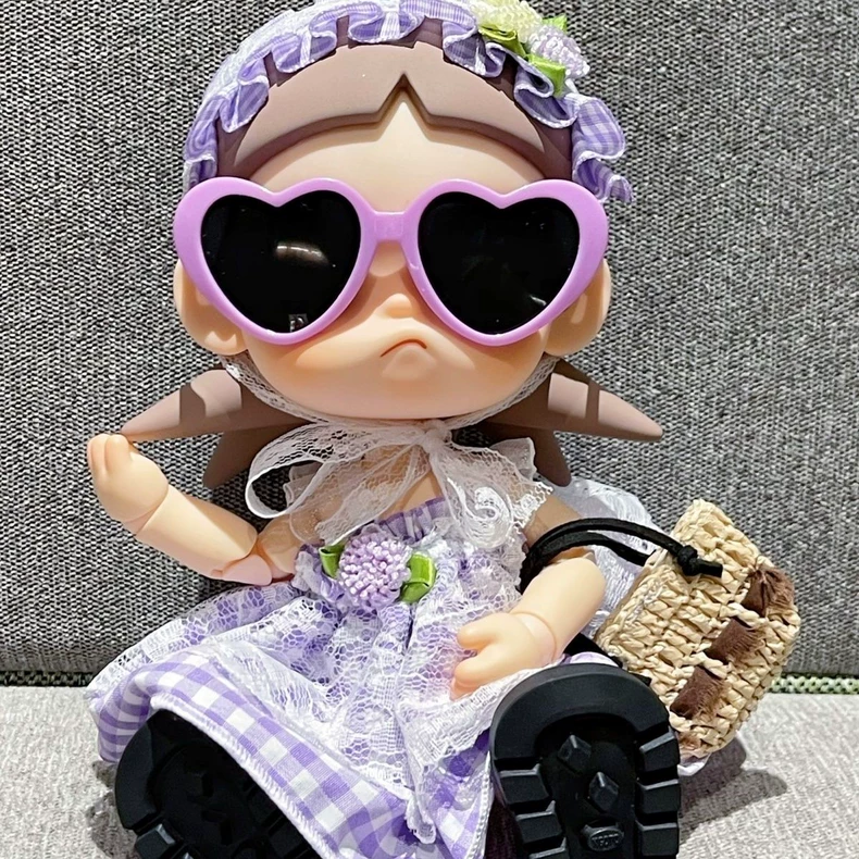 Zsiga BJD 1/8 Purple Gingham Dress Set with Lace Headpiece & Knit Cardigan for Doll Collectors - Image 1