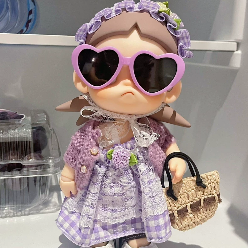 Zsiga BJD 1/8 Purple Gingham Dress Set with Lace Headpiece & Knit Cardigan for Doll Collectors - Image 4