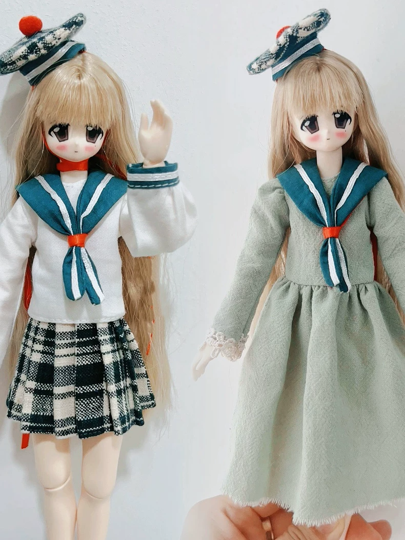 Pastel Green Sailor Dress & Skirt Set for Blythe Dolls OB22 OB24 - Premium Outfit w/ Hat & Bow - Image 1