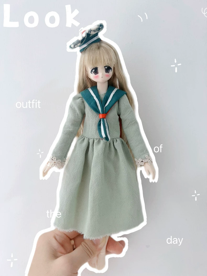 Pastel Green Sailor Dress & Skirt Set for Blythe Dolls OB22 OB24 - Premium Outfit w/ Hat & Bow - Image 4