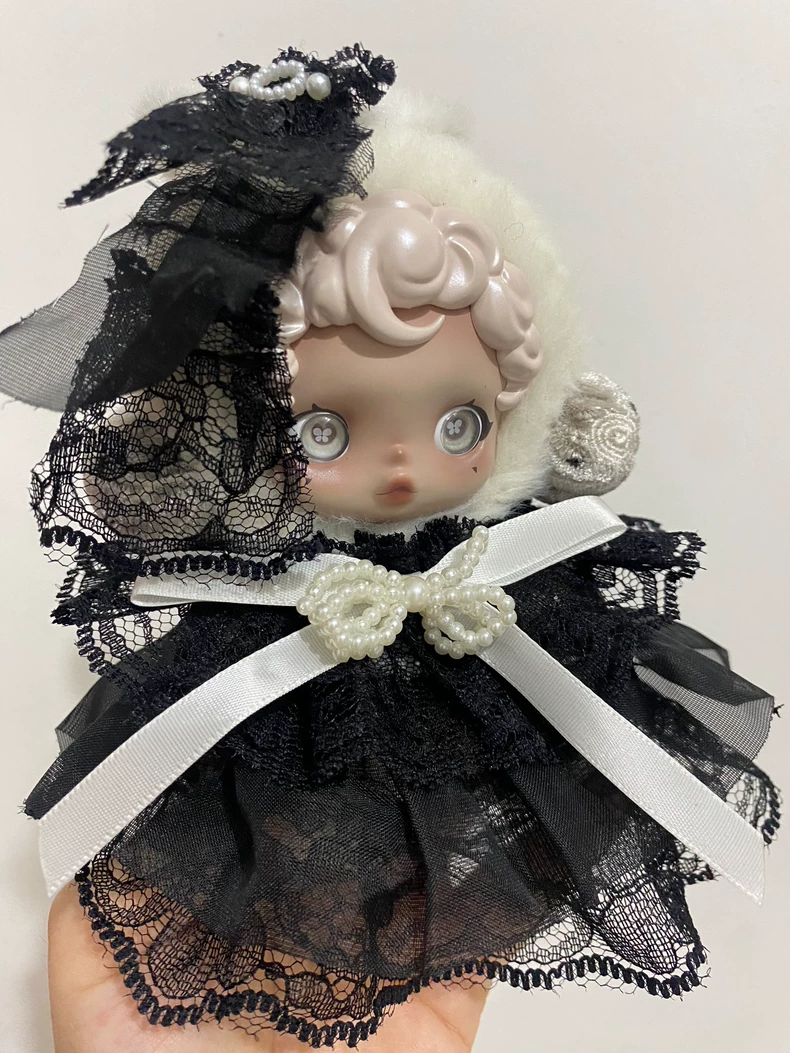 Gothic Elegance SkullPanda Outfit – Winter Symphony Lace Dress with Pearl Embellishment - Image 1