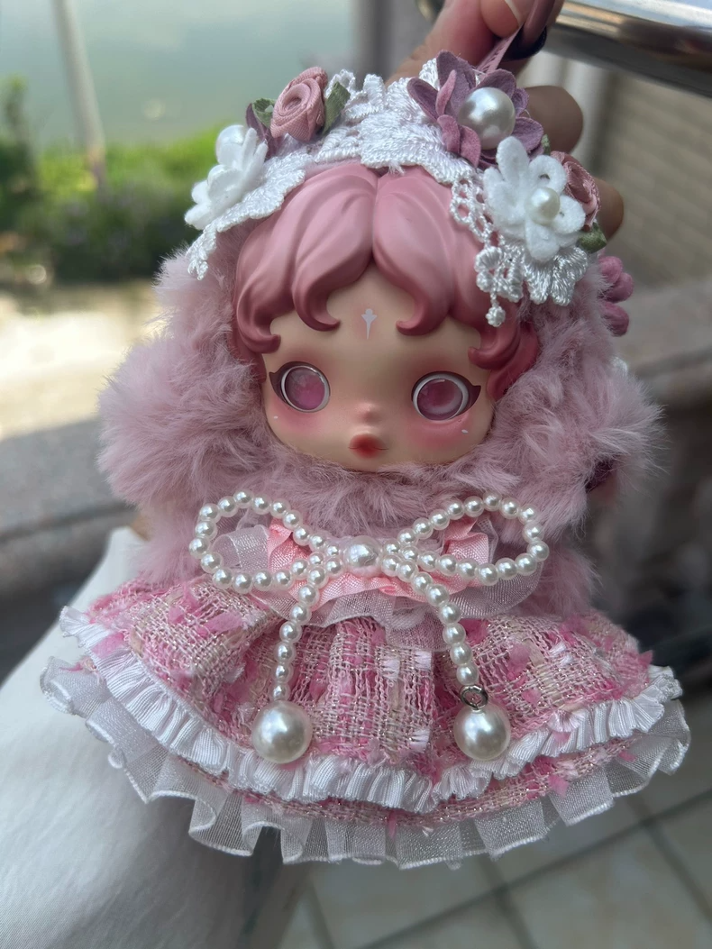 Whimsical Floral Pink Doll Dress – Elegant Lace & Pearl Embellished Skullpanda Outfit - Image 1