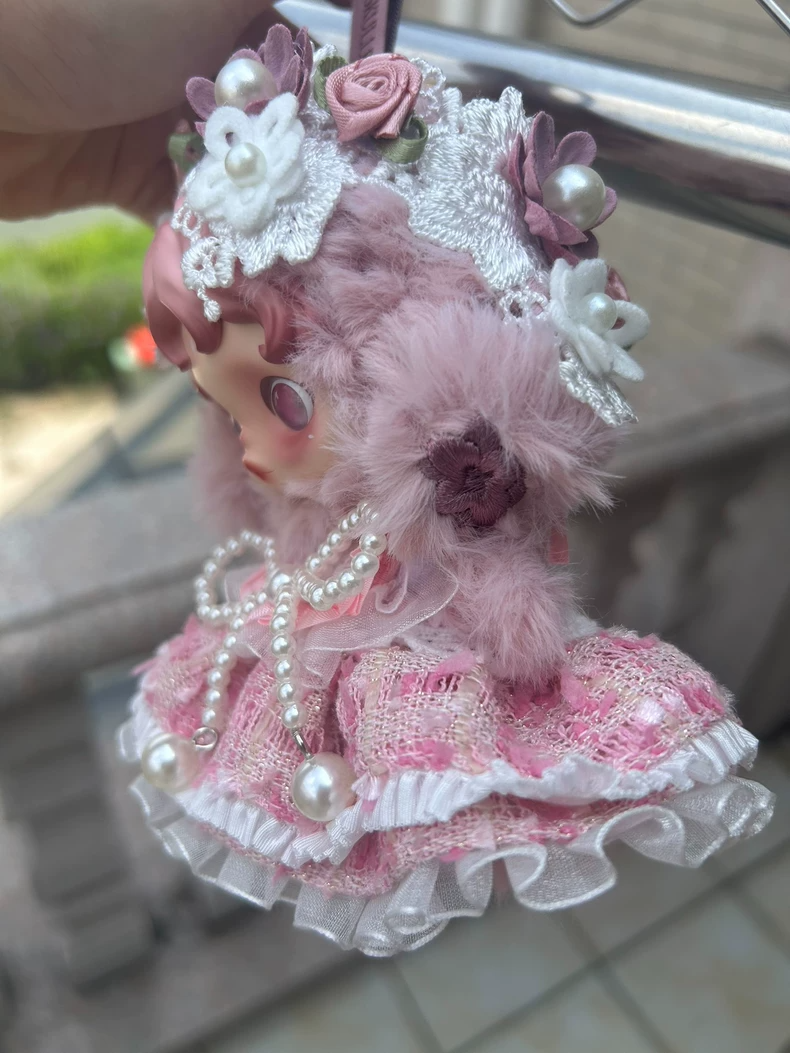 Whimsical Floral Pink Doll Dress – Elegant Lace & Pearl Embellished Skullpanda Outfit - Image 2