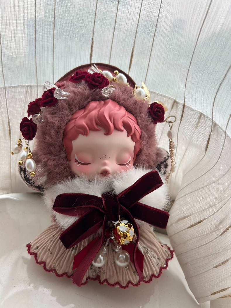 Whimsical Winter Skullpanda Doll Outfit – Floral Headpiece & Plush Scarf, Burgundy Elegance with Pearl & Gold Accents - Image 1