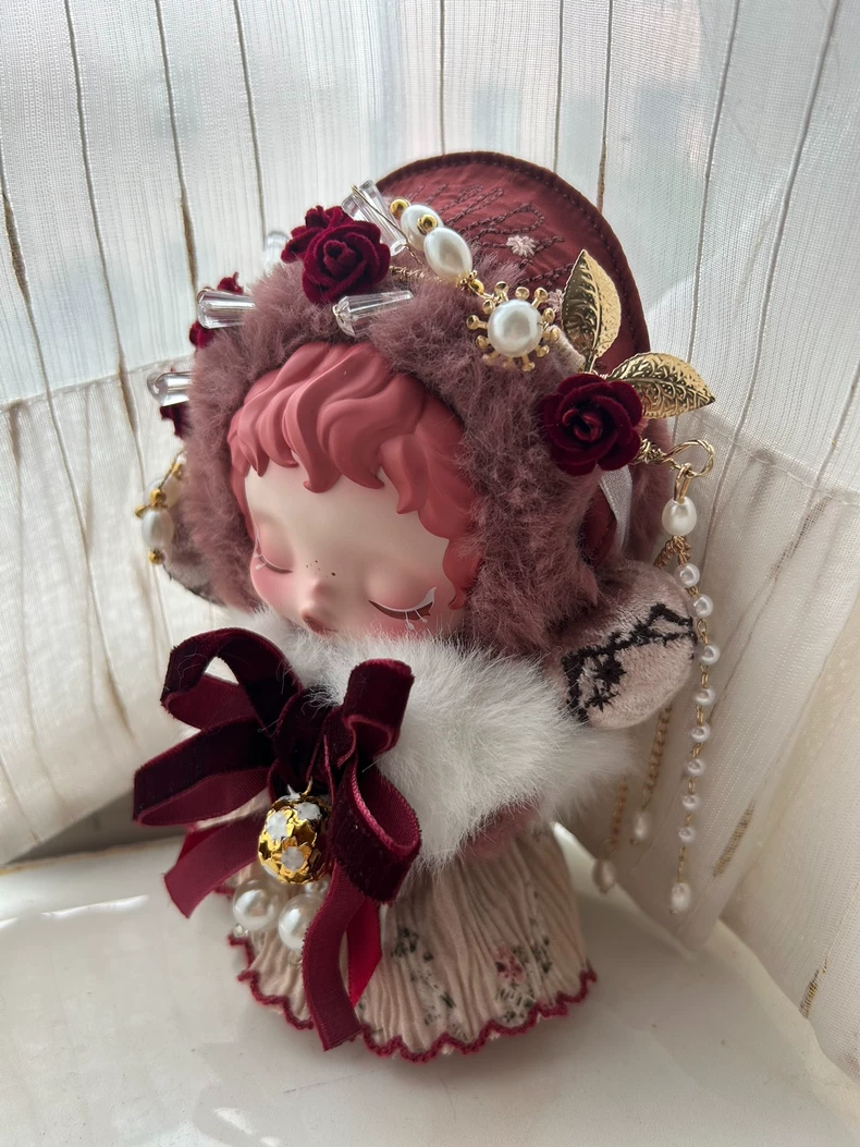 Whimsical Winter Skullpanda Doll Outfit – Floral Headpiece & Plush Scarf, Burgundy Elegance with Pearl & Gold Accents - Image 2