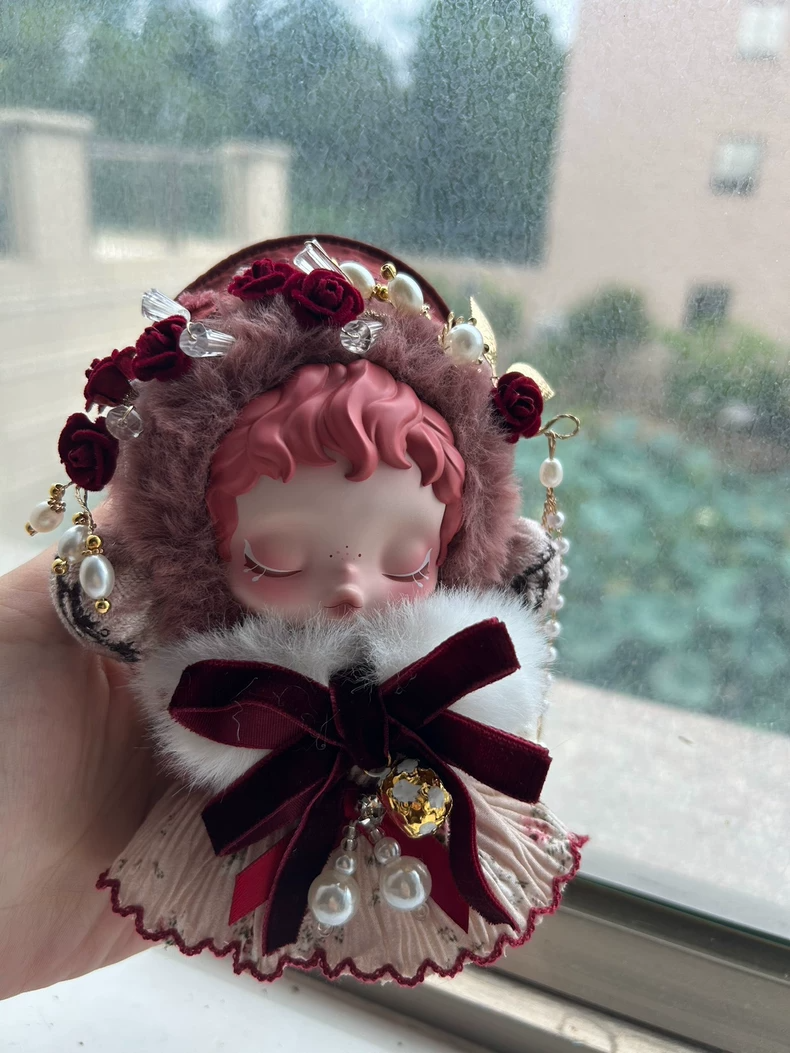 Whimsical Winter Skullpanda Doll Outfit – Floral Headpiece & Plush Scarf, Burgundy Elegance with Pearl & Gold Accents - Image 3