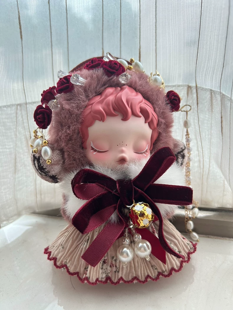 Whimsical Winter Skullpanda Doll Outfit – Floral Headpiece & Plush Scarf, Burgundy Elegance with Pearl & Gold Accents - Image 4
