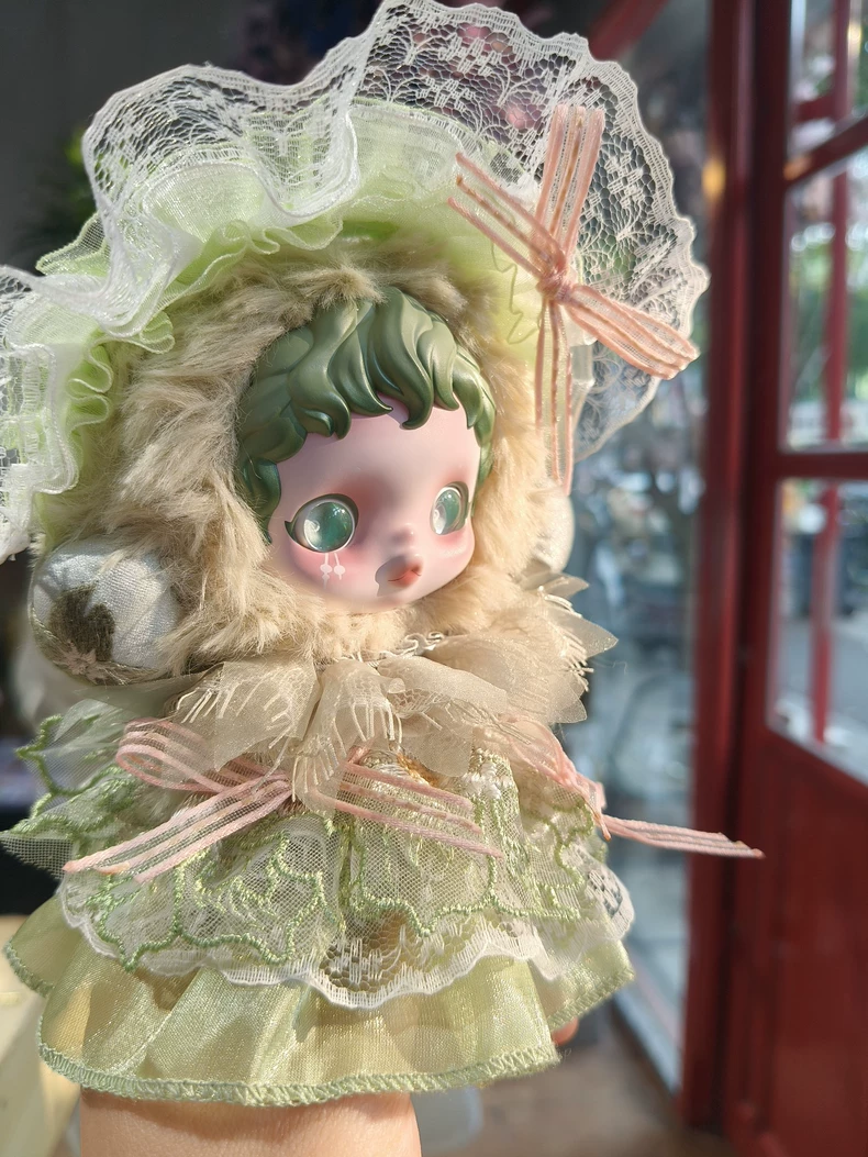 Elegant Pastel Green Skullpanda Doll Outfit with Lace & Faux Fur - Whimsical Fashion Collectible - Image 1