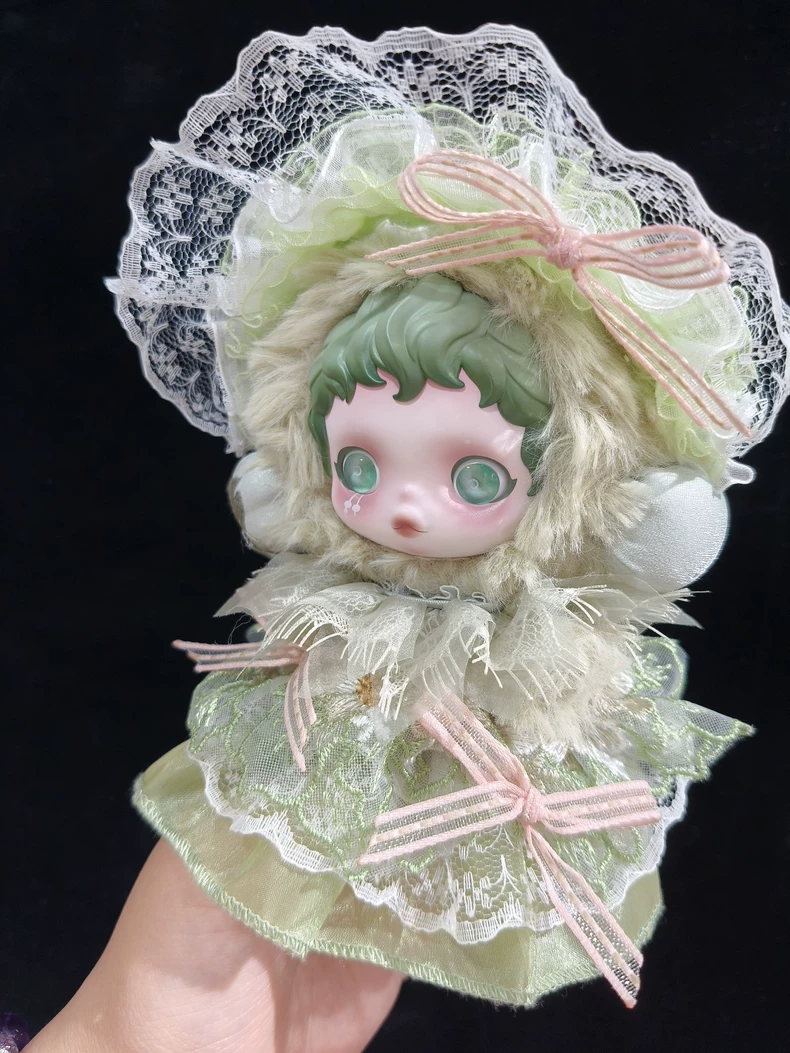 Elegant Pastel Green Skullpanda Doll Outfit with Lace & Faux Fur - Whimsical Fashion Collectible - Image 2