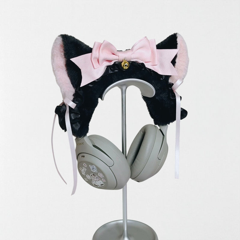 Black Cat Ear Headphone Cover with Pink Big Bow