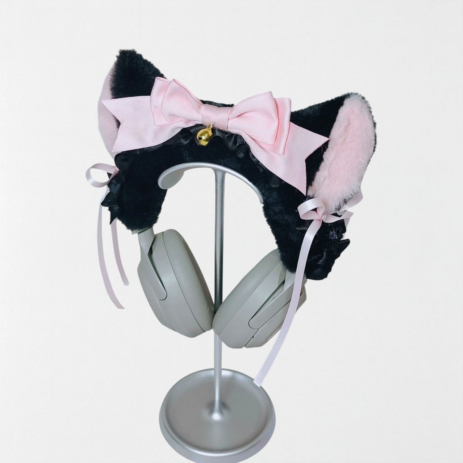 Black Cat Ear Headphone Cover with Pink Big Bow