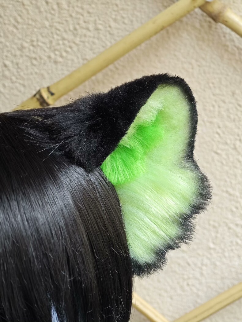 Handmade Luo Xiaohei Plush Cat Ears – Black & Green - Image 2
