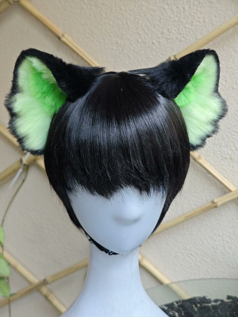 Handmade Luo Xiaohei Plush Cat Ears – Black & Green - Image 3