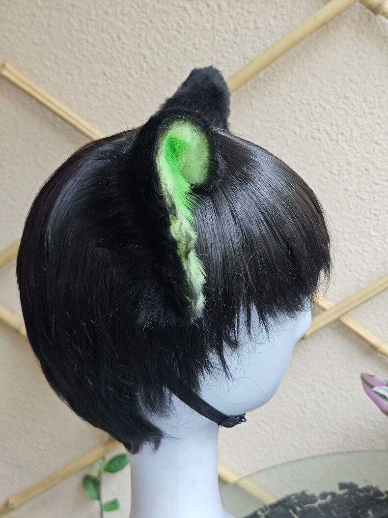 Handmade Luo Xiaohei Plush Cat Ears – Black & Green - Image 4