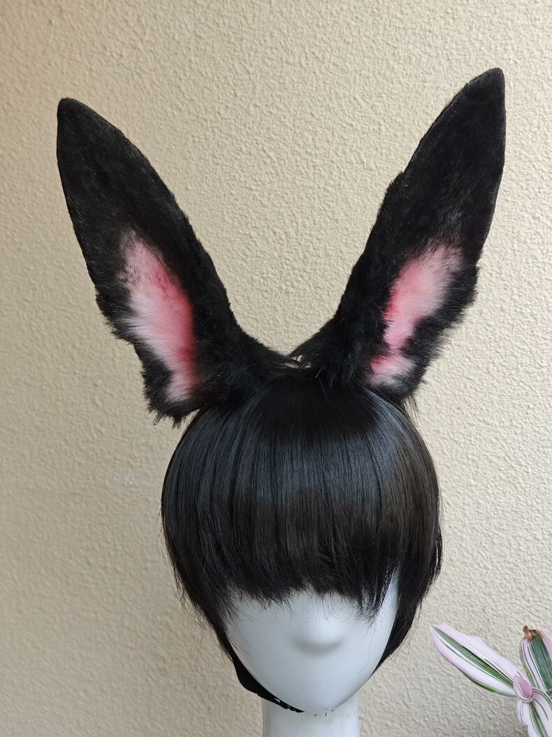 Handmade Black Rabbit Ears with Pink Gradient Headband - Image 3
