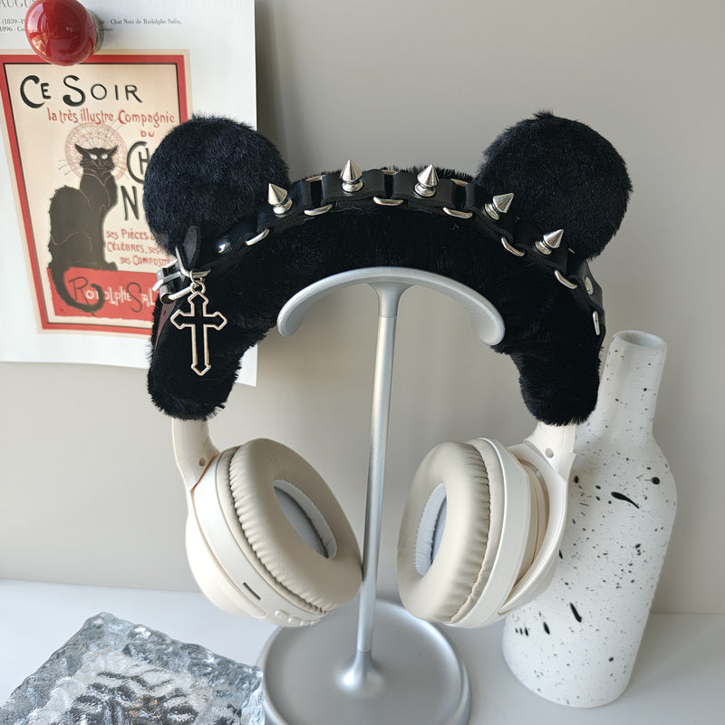 Gothic Black Plush Headphone Cover with Spikes and Cross Charm