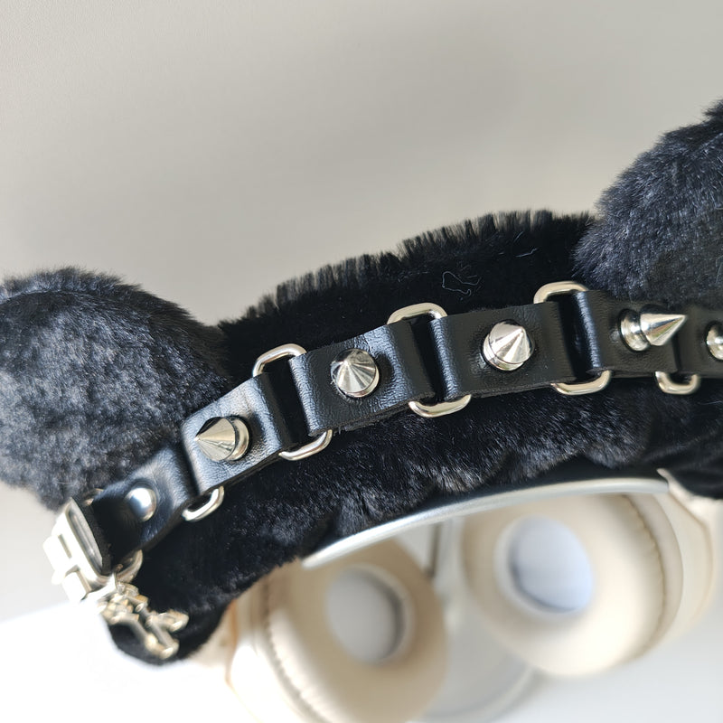 Gothic Black Plush Headphone Cover with Spikes and Cross Charm