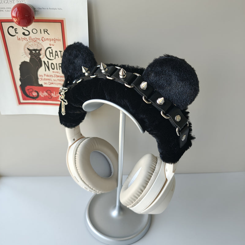 Gothic Black Plush Headphone Cover with Spikes and Cross Charm