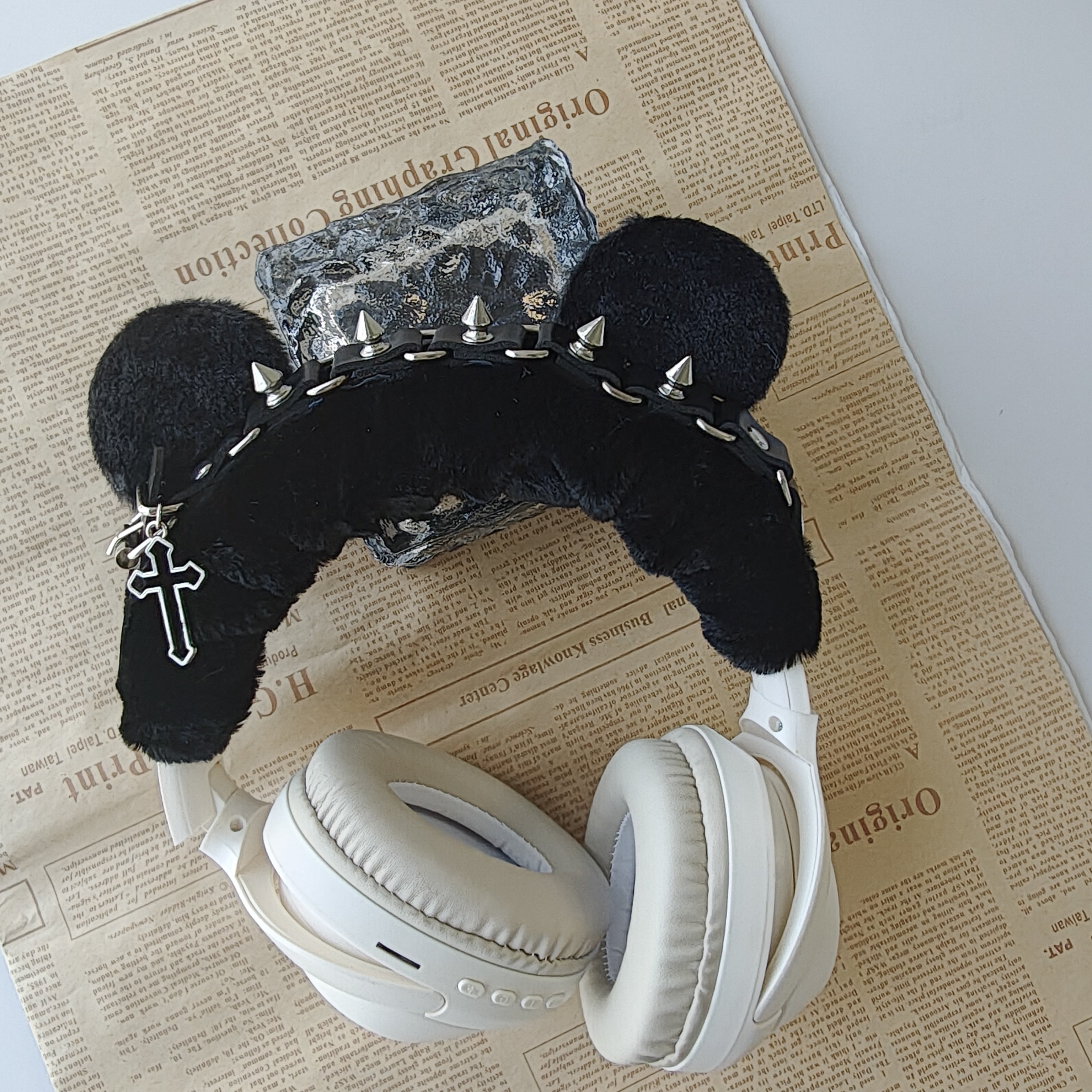 Gothic Black Plush Headphone Cover with Spikes and Cross Charm