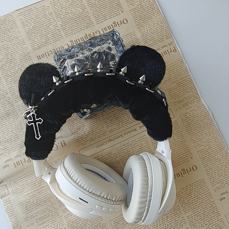 Gothic Black Plush Headphone Cover with Spikes and Cross Charm