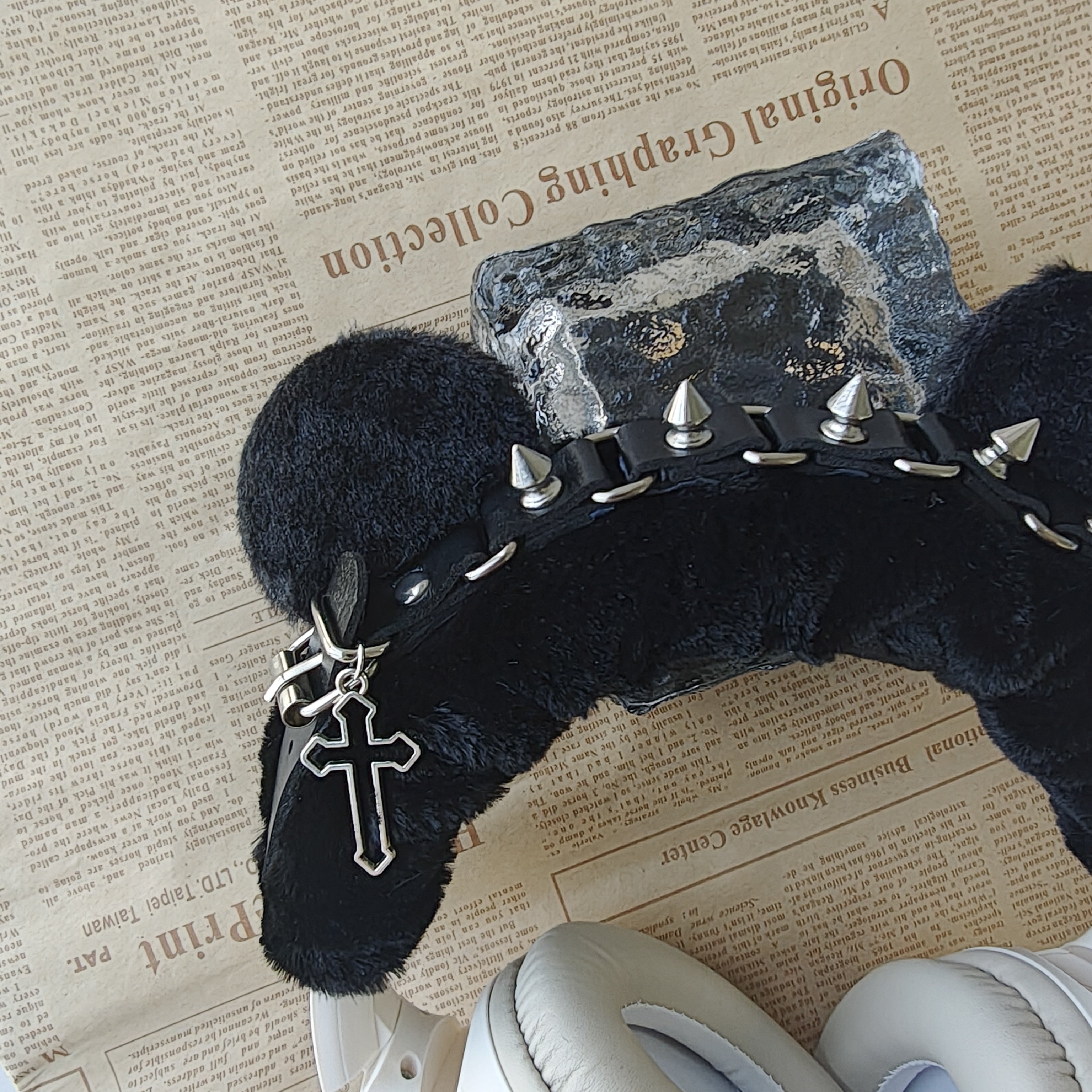 Gothic Black Plush Headphone Cover with Spikes and Cross Charm