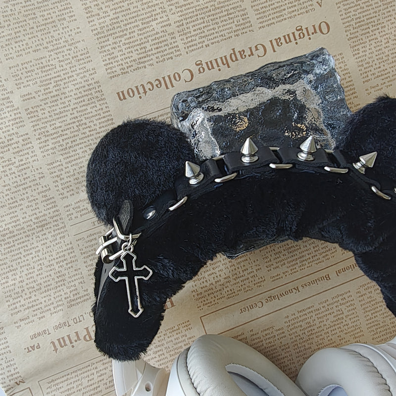 Gothic Black Plush Headphone Cover with Spikes and Cross Charm