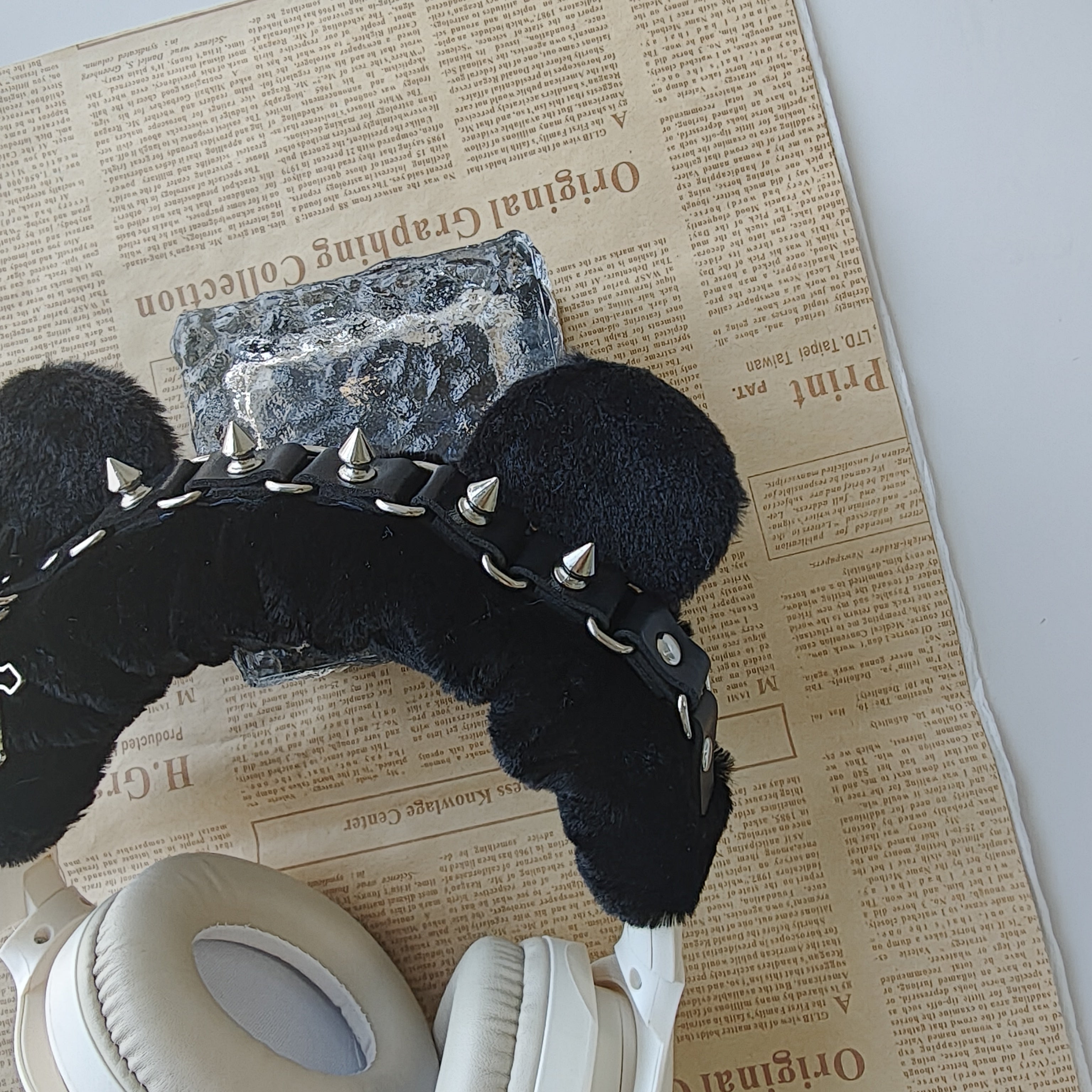 Gothic Black Plush Headphone Cover with Spikes and Cross Charm