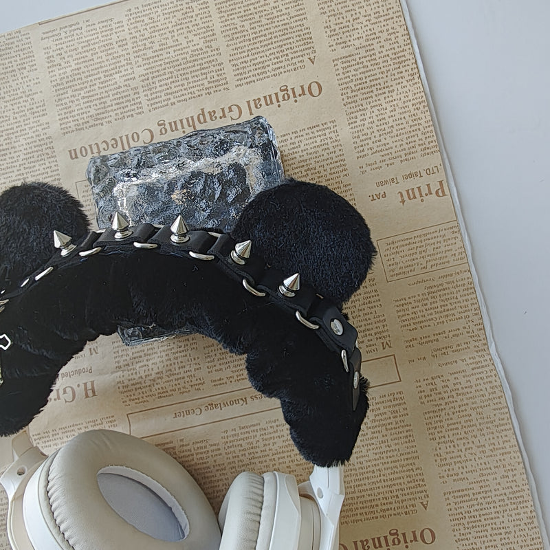Gothic Black Plush Headphone Cover with Spikes and Cross Charm