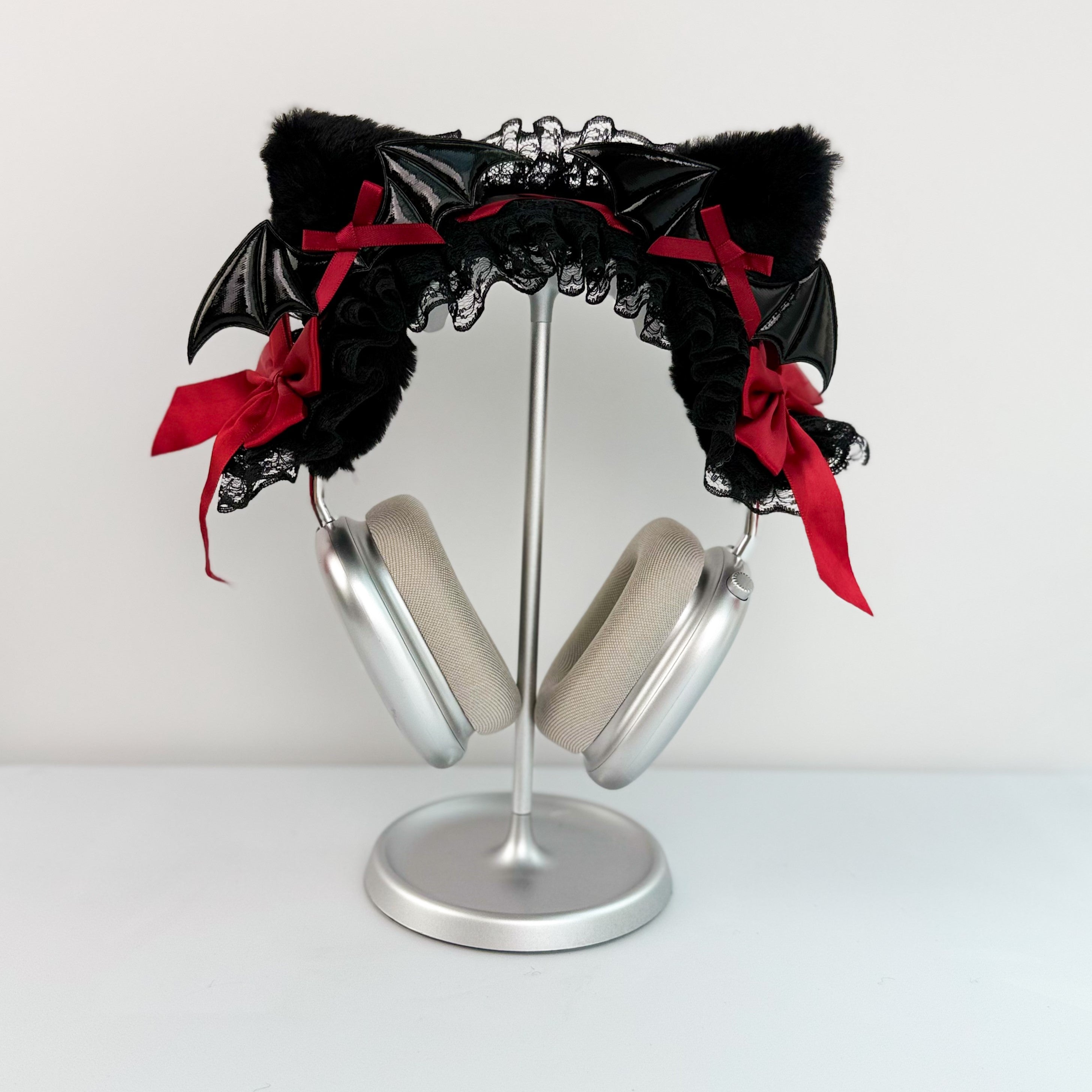Handmade Gothic Bat Wing Headphone Cover with Red Satin Bows