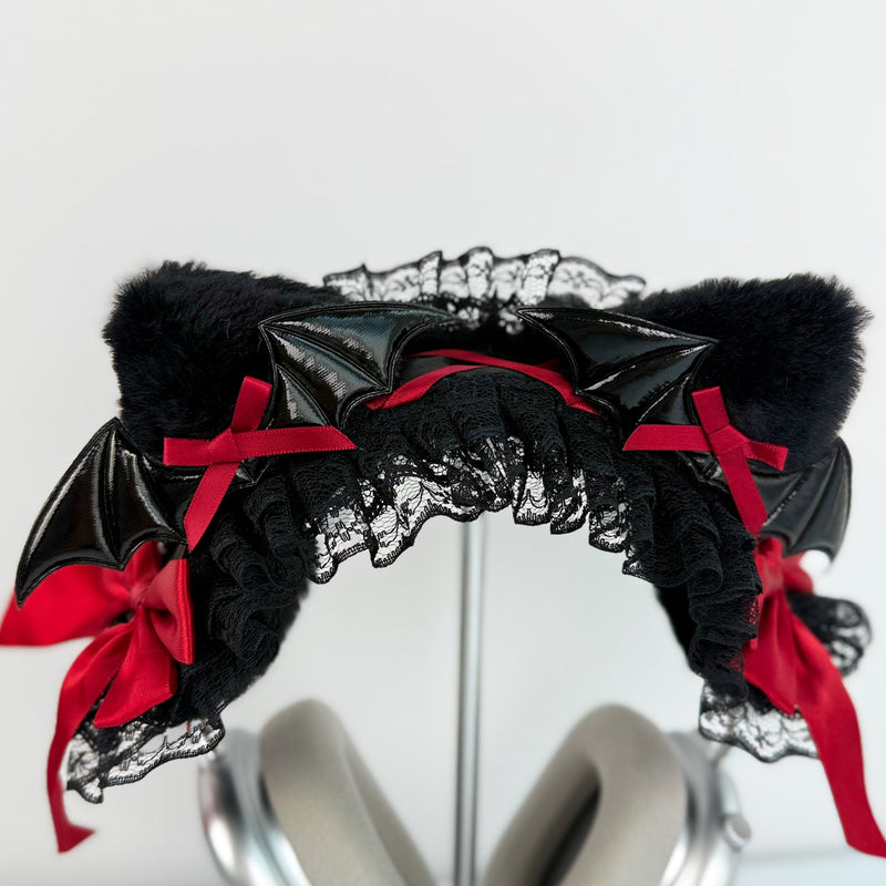 Handmade Gothic Bat Wing Headphone Cover with Red Satin Bows