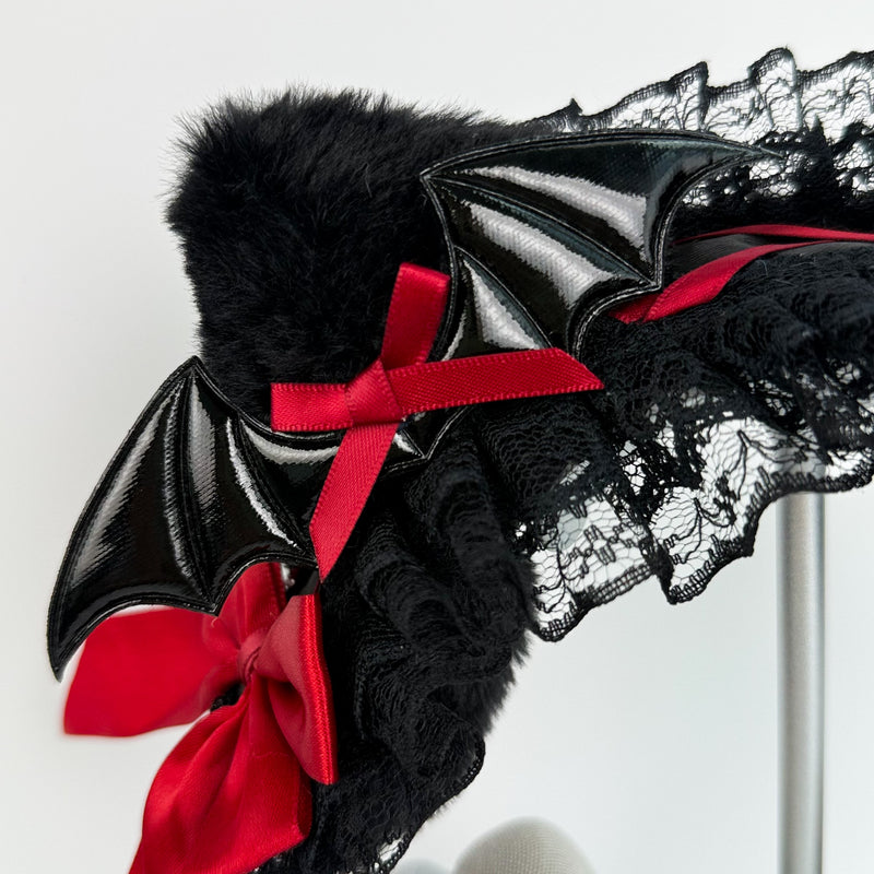 Handmade Gothic Bat Wing Headphone Cover with Red Satin Bows